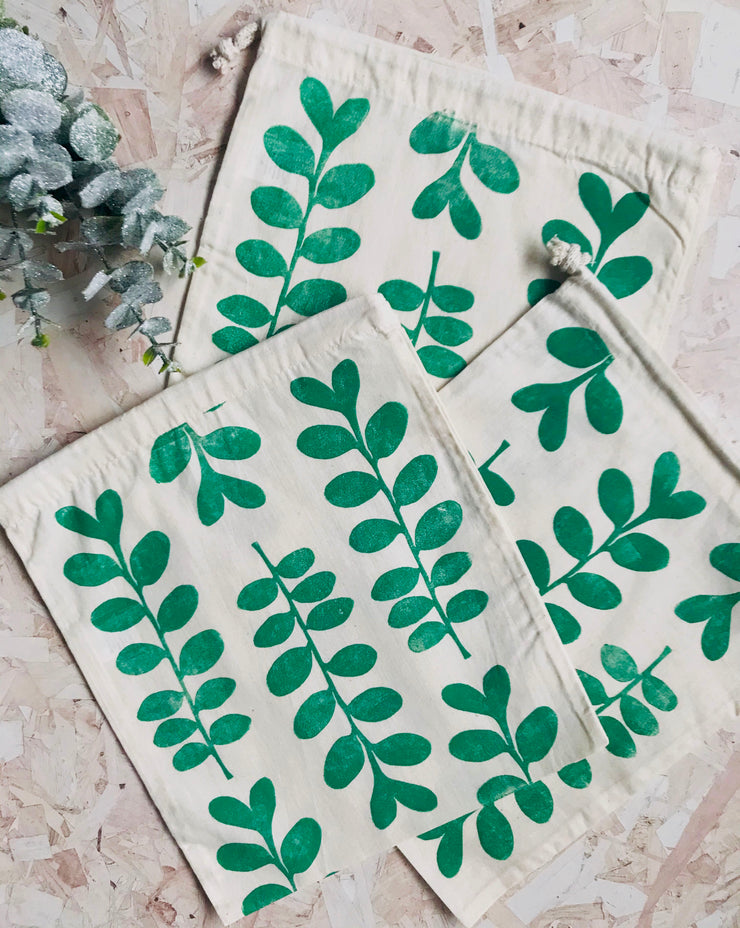 Eucalyptus Reusable Cotton Drawstring bag – Buff and Blue Prints