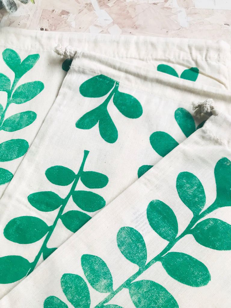 Eucalyptus Reusable Cotton Drawstring bag – Buff and Blue Prints
