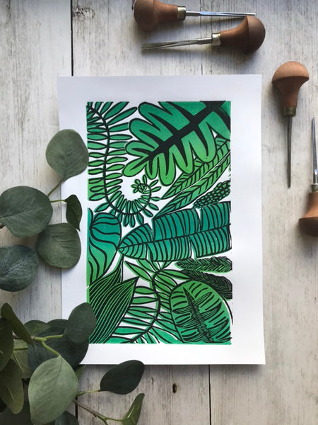 Tropical leaf lino print