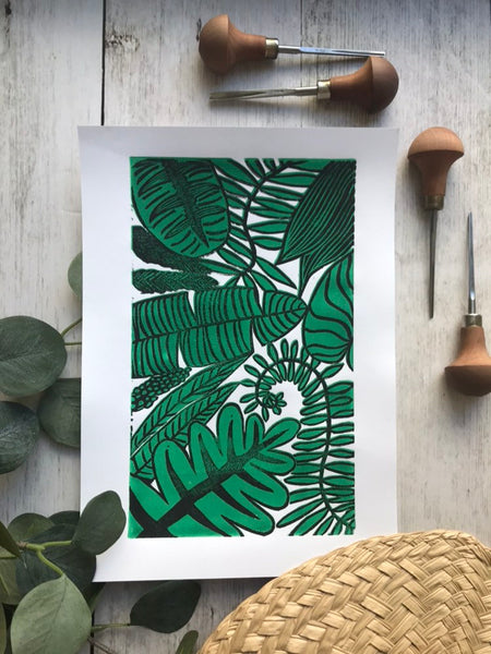 Tropical leaf lino print