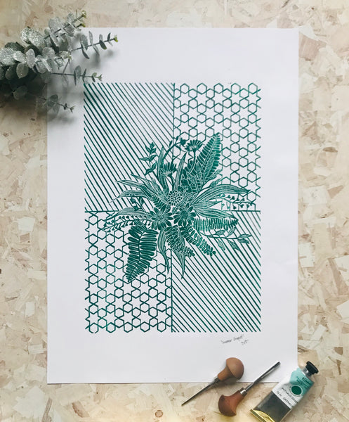 Summer Bouquet Original Lino Print 42 x60cm