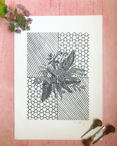 Summer Bouquet Original Lino Print 42 x60cm